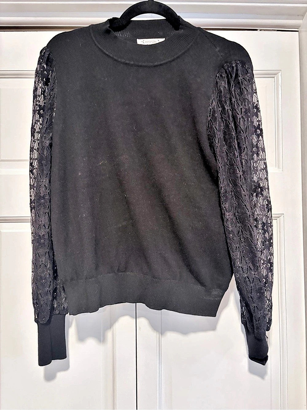 Nanette by Nanette Lepore Black Lace Sleeve Mockneck Sweater size medium